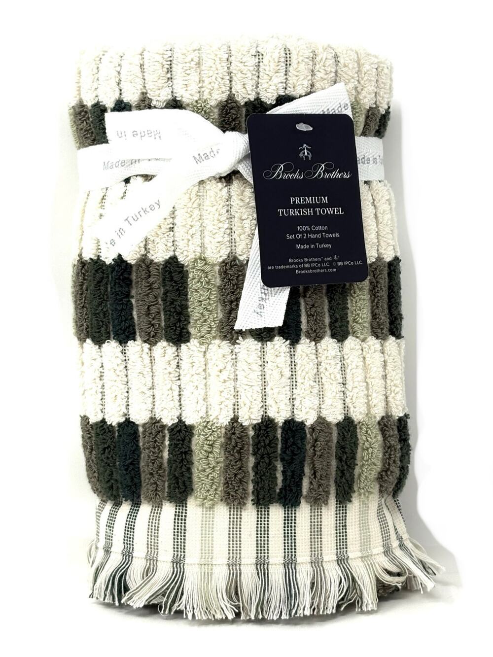 Brooks Brothers Turkish Cotton Mosaic Tile Hand Towels Greens Cream Multi Fringe